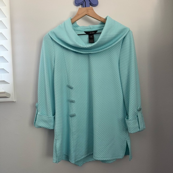 Ali Miles Tops - Ali Miles Small Cowl Neck‎ 3/4 Sleeve Top Mint Turquoise Relaxed Boxy Resort